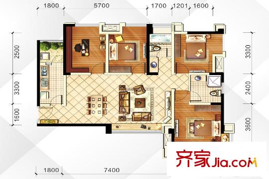 中鐵瑞景譽都19棟標準層B2戶型 4室2廳2衛(wèi)1廚