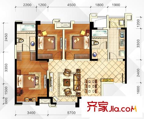 中鐵瑞景譽都3、4、5、18、22棟標準層C1戶型 3室2廳2衛(wèi)1廚