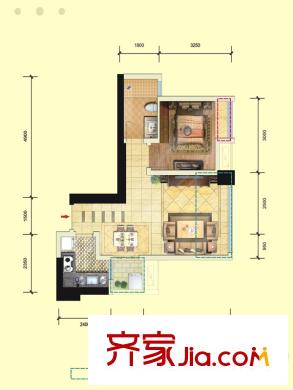 天悅城一期1號樓標準層D2戶型 1室2廳1衛(wèi)1廚