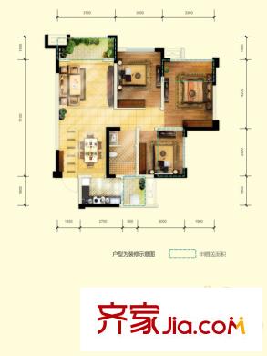 天悅城一期2號樓標準層C3戶型圖 3室2廳1衛(wèi)1廚