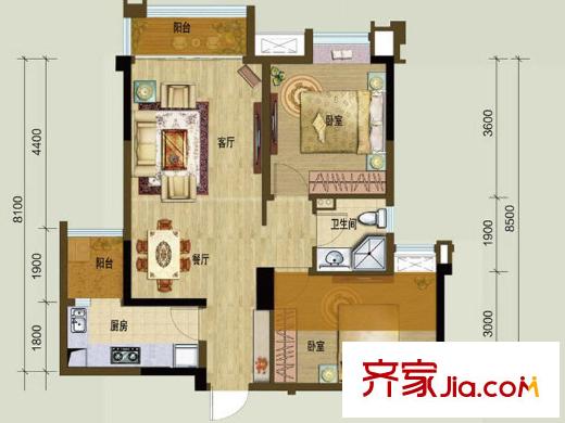 龍湖時(shí)代天街一期1棟標(biāo)準(zhǔn)層A3戶型（售罄） 2室2廳1衛(wèi)1廚
