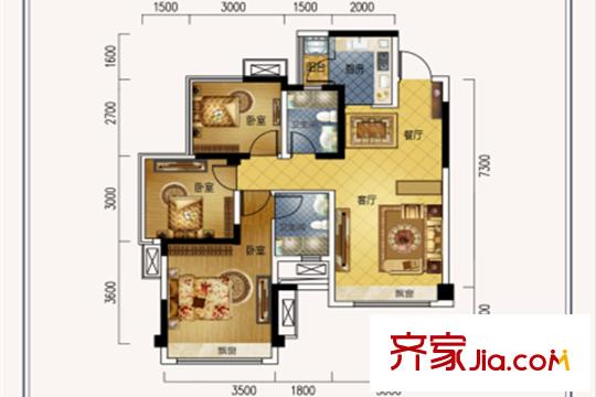 藍潤光華春天1期1批次標(biāo)準層C4戶型 3室2廳2衛(wèi)1廚