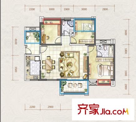 中洲中央公園一期2、3號(hào)樓標(biāo)準(zhǔn)層C2戶型 3室2廳2衛(wèi)1廚