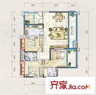 中洲中央公園一期5、6棟標(biāo)準(zhǔn)層B1戶型 3室2廳2衛(wèi)1廚