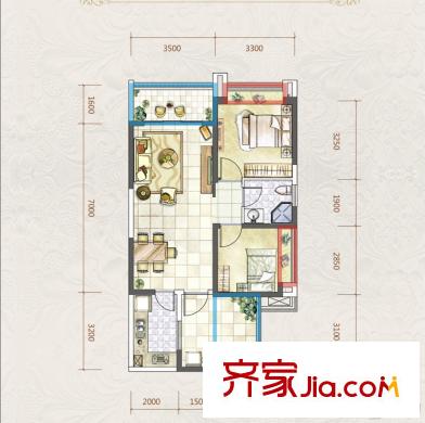 中洲中央公園一期2、3號(hào)樓標(biāo)準(zhǔn)層C1戶型 2室2廳1衛(wèi)1廚