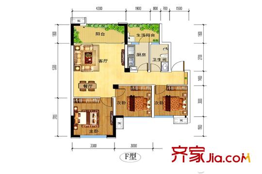 華騰舒云居1期1、2、6棟標準層F戶型 3室2廳1衛(wèi)1廚