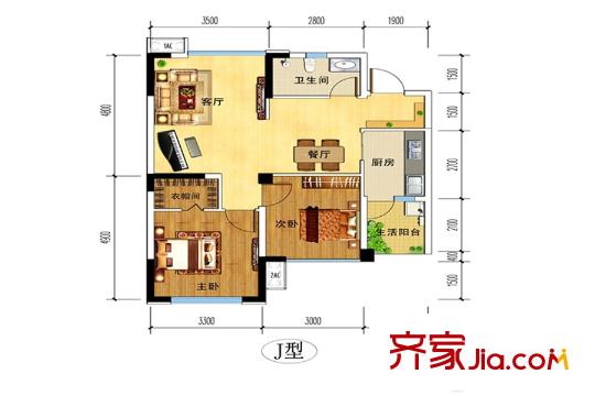 華騰舒云居1期1、6棟標(biāo)準(zhǔn)層J戶型 2室2廳1衛(wèi)1廚