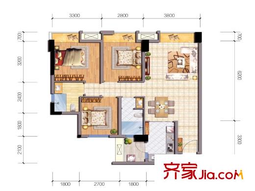 東原時(shí)光道一期9號(hào)樓標(biāo)準(zhǔn)層L戶型 3室2廳2衛(wèi)1廚