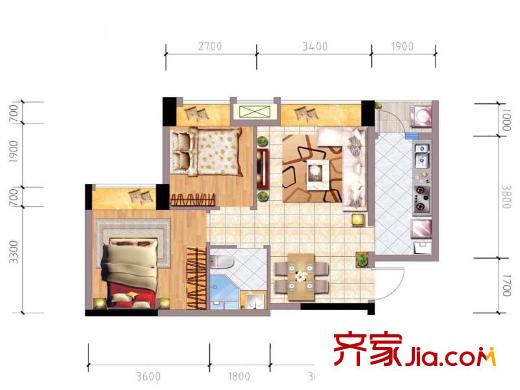 東原時(shí)光道一期9、10、12號(hào)樓標(biāo)準(zhǔn)層A2戶型 2室2廳1衛(wèi)1廚