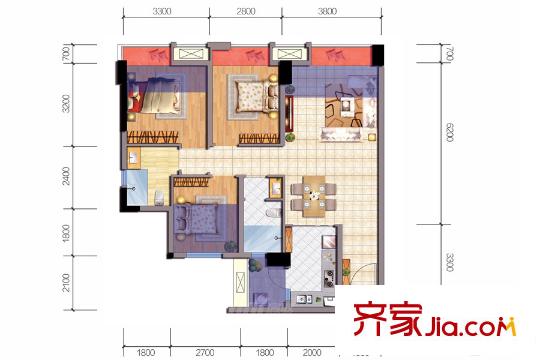 東原時(shí)光道二期1-8號(hào)樓標(biāo)準(zhǔn)層C戶型 3室2廳2衛(wèi)1廚