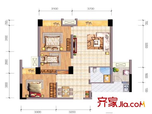 東原時(shí)光道1期9-13棟、2期1-8棟標(biāo)準(zhǔn)層B2戶型 3室2廳1衛(wèi)1廚
