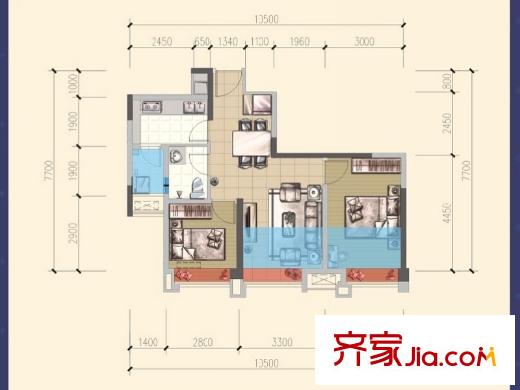 威蘭德小鎮(zhèn)一期1、7號樓標準層A1戶型 2室2廳1衛(wèi)1廚