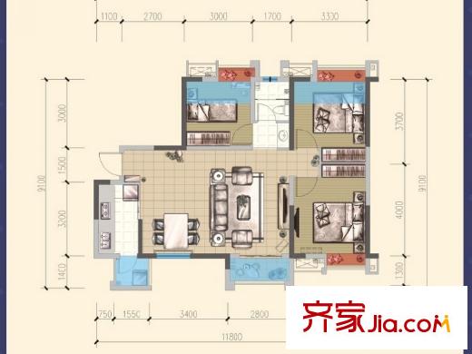 威蘭德小鎮(zhèn)一期7號樓標準層C2戶型 3室2廳1衛(wèi)1廚