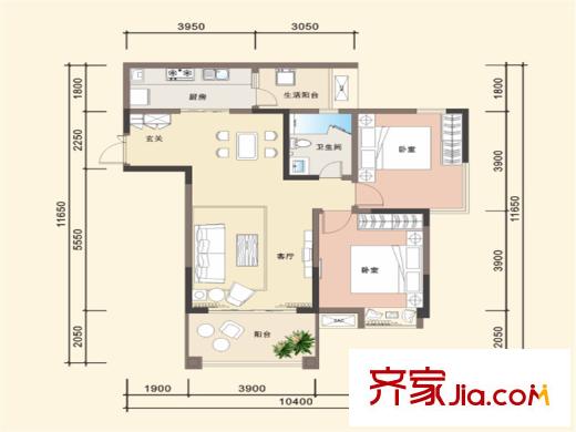 新雙城一期1、2、3、5、7棟標(biāo)準(zhǔn)層A1-3 戶型 2室2廳1衛(wèi)