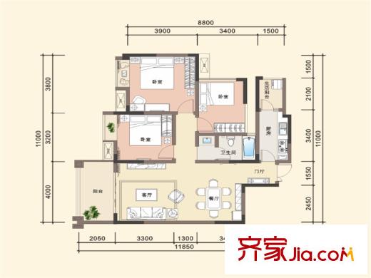 新雙城一期4、7、12棟標(biāo)準(zhǔn)層B2-4戶型 3室2廳1衛(wèi)