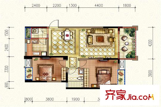 濱江國際2期4棟D-2戶型 2室2廳1衛(wèi)1廚
