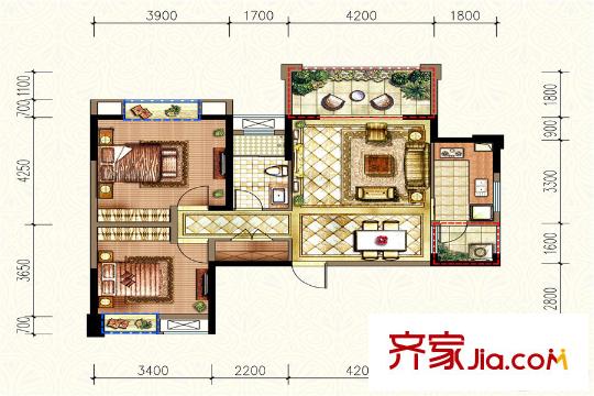 濱江國際2期4棟D-1戶型 2室2廳1衛(wèi)1廚