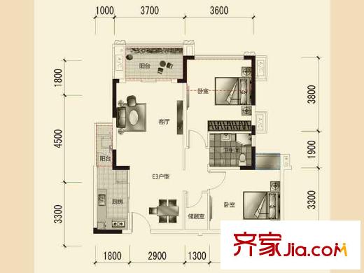 三和愛汀府一期1、2棟標準層E3戶型 2室2廳2衛(wèi)1廚