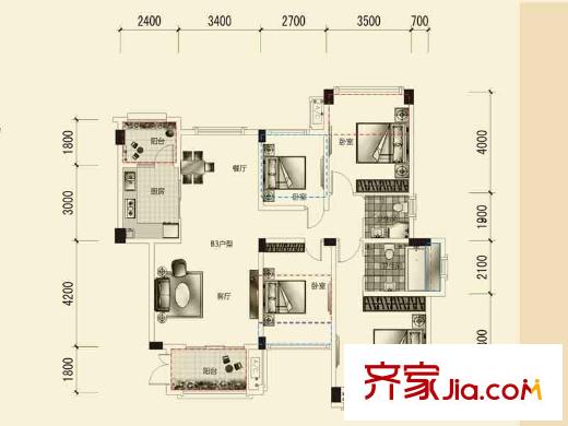 三和愛汀府一期2棟標(biāo)準(zhǔn)層B3戶型 4室2廳2衛(wèi)1廚