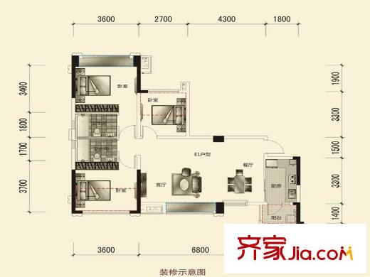 三和愛汀府一期1、2棟標準層E1戶型 2室2廳2衛(wèi)1廚