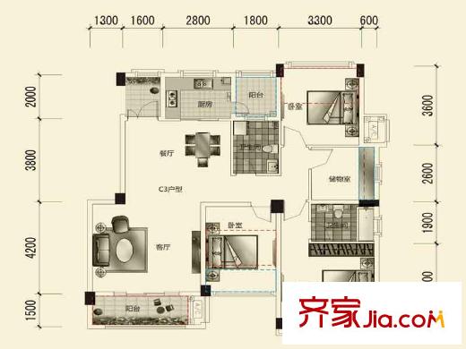 三和愛汀府一期2、9棟標準層C3戶型 2室2廳2衛(wèi)1廚