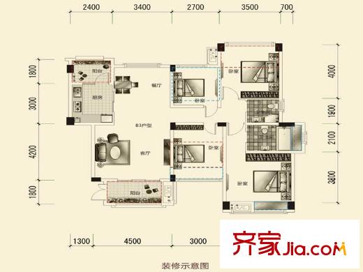 三和愛汀府一期2棟標(biāo)準(zhǔn)層B3戶型 4室2廳2衛(wèi)1廚