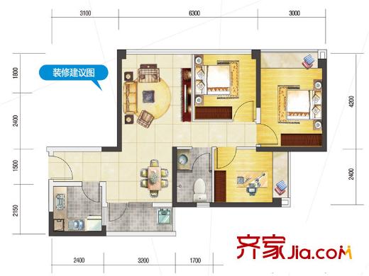 藍(lán)潤(rùn)藍(lán)客城一期4棟標(biāo)準(zhǔn)層A1戶型圖 3室2廳1衛(wèi)1廚
