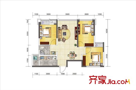 藍(lán)潤(rùn)藍(lán)客城二期1、2、4、5棟標(biāo)準(zhǔn)層C3戶型圖 3室2廳1衛(wèi)1廚
