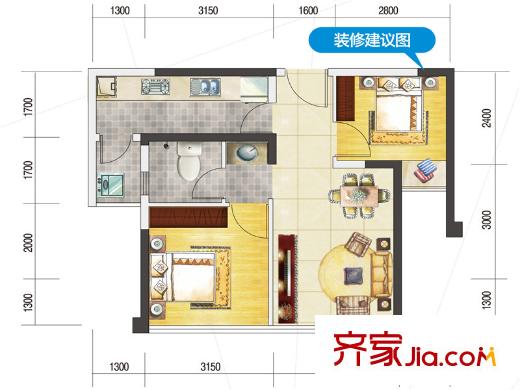 藍(lán)潤(rùn)藍(lán)客城一期4棟標(biāo)準(zhǔn)層C戶型圖 2室2廳1衛(wèi)1廚