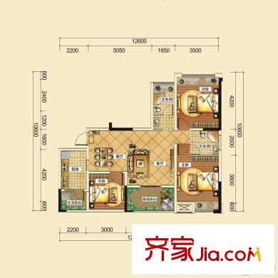景茂名都東郡一期1~3棟、二期一批次6、7棟標(biāo)準(zhǔn)層E3戶型 2室2廳2衛(wèi)1廚