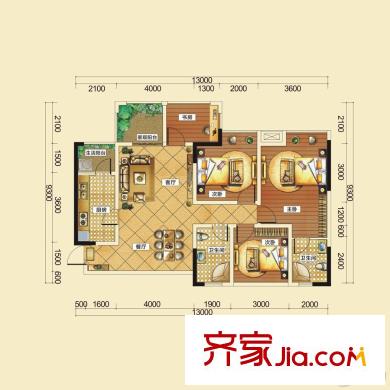 景茂名都東郡一期1、2、3棟樓標(biāo)準(zhǔn)層C6戶型 2室2廳2衛(wèi)1廚