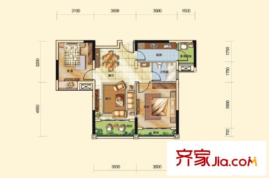 九龍倉時代小鎮(zhèn)三期8、9、15、16號樓標(biāo)準(zhǔn)層B3戶型 2室2廳1衛(wèi)1廚