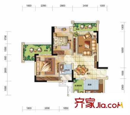 九龍倉時代小鎮(zhèn)6、13、14號樓標(biāo)準(zhǔn)層C1戶型 2室2廳1衛(wèi)1廚