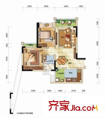 九龍倉時代小鎮(zhèn)6、13、14號樓標(biāo)準(zhǔn)層C1戶型 2室2廳1衛(wèi)1廚