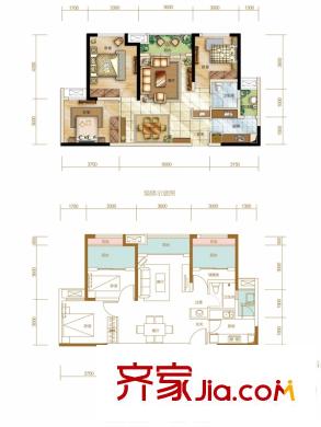 九龍倉時(shí)代上城一期6、7、13、14號(hào)樓標(biāo)準(zhǔn)層E2戶型 3室2廳1衛(wèi)1廚