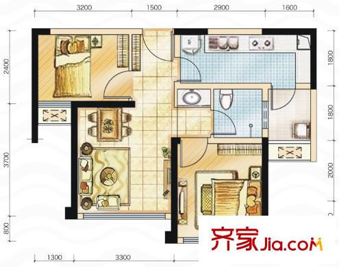 藍(lán)光東方天地一期4棟標(biāo)準(zhǔn)層A3型（售完） 2室2廳1衛(wèi)1廚