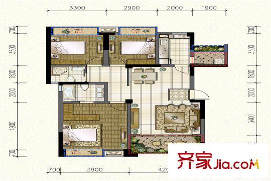 濱江國際2期4棟b-2a戶型 3室2廳2衛(wèi)1廚
