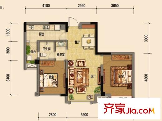 煒岸城1期101、102棟標準層A5戶型（已售罄） 2室2廳1衛(wèi)