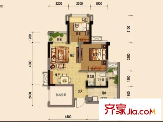 煒岸城1期101、102棟標準層A4戶型（售罄） 2室2廳1衛(wèi)1廚