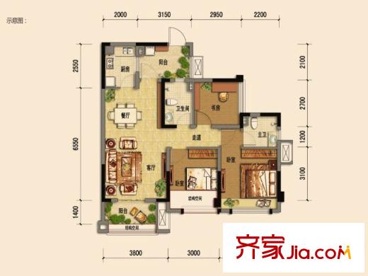 煒岸城1期100、103、104棟標準層C3戶型 3室2廳2衛(wèi)1廚
