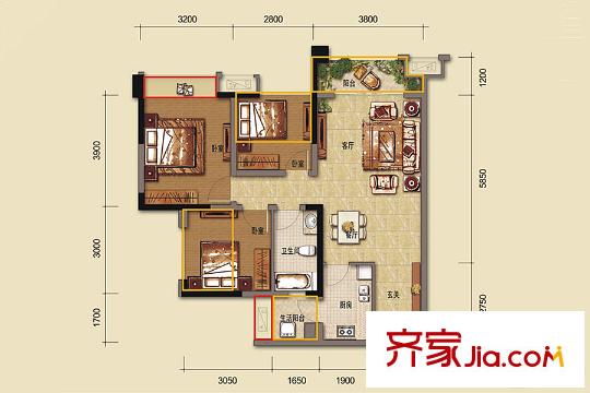 煒岸城三期89棟標準層A3戶型 3室2廳1衛(wèi)1廚