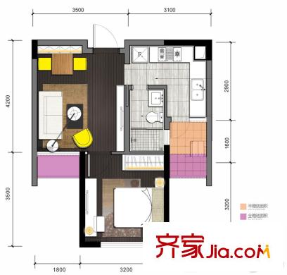領(lǐng)悅國(guó)際中心一期C棟標(biāo)準(zhǔn)層C2戶型 1室1廳1衛(wèi)1廚