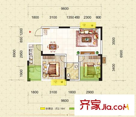 尚城逸品一期2號樓標(biāo)準(zhǔn)層A2戶型 2室2廳1衛(wèi)1廚
