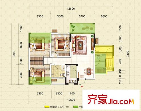 尚城逸品一期1號樓標準層C2戶型 4室2廳1衛(wèi)1廚