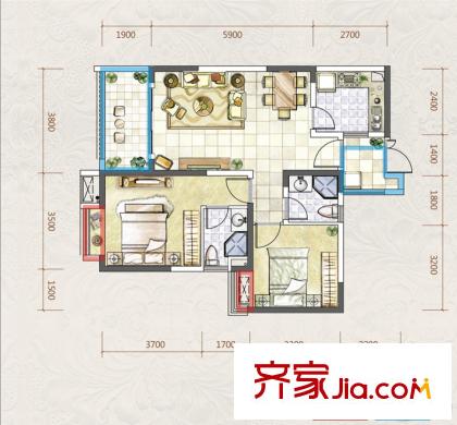 中洲中央公園一期5、6棟標(biāo)準(zhǔn)層B2戶型 2室2廳2衛(wèi)1廚