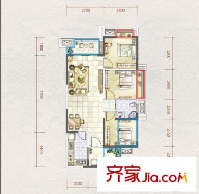 中洲中央公園一期2、3號(hào)樓標(biāo)準(zhǔn)層C3戶型 3室2廳1衛(wèi)1廚