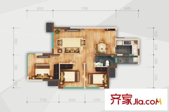 優(yōu)派立方一期一批次1棟標準層A6戶型 3室2廳1衛(wèi)1廚