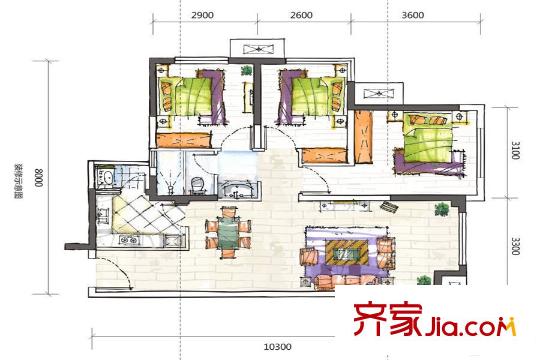 合能幸福麓山1期1批次1棟標準層A戶型 3室2廳1衛(wèi)1廚