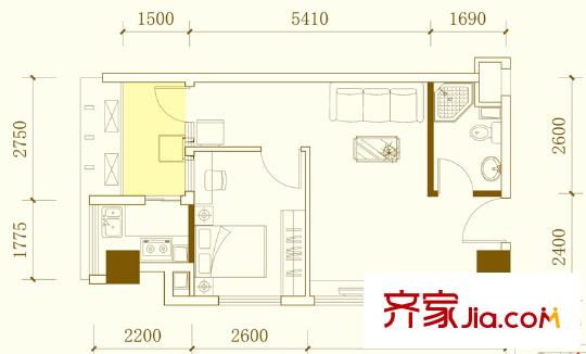 溫資金港中心一期3號(hào)樓標(biāo)準(zhǔn)層N戶(hù)型（售罄） 1室1廳1衛(wèi)1廚
