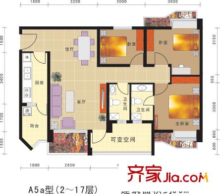 思學(xué)園智能村一期1號樓標(biāo)準(zhǔn)層A5a戶型 3室2廳2衛(wèi)1廚